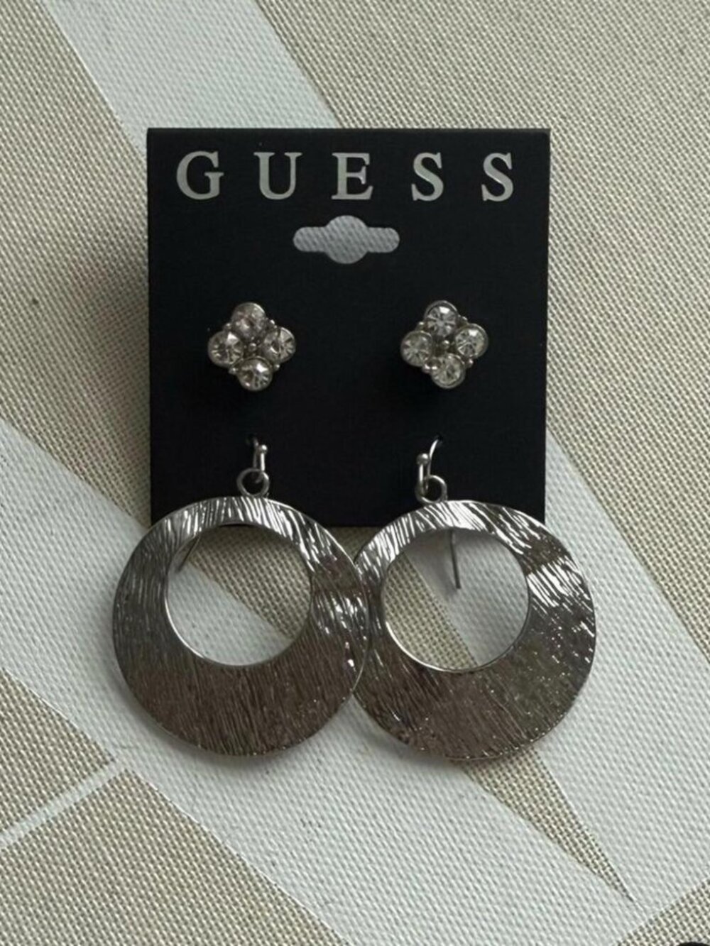 GUESS Silver Rhinestone Flower Stud & Textured Hoop Earrings Set